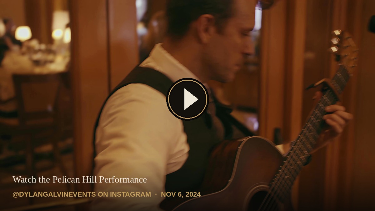 Dylan Galvin performing acoustic guitar at Pelican Hill, a still from his real Instagram performance video.