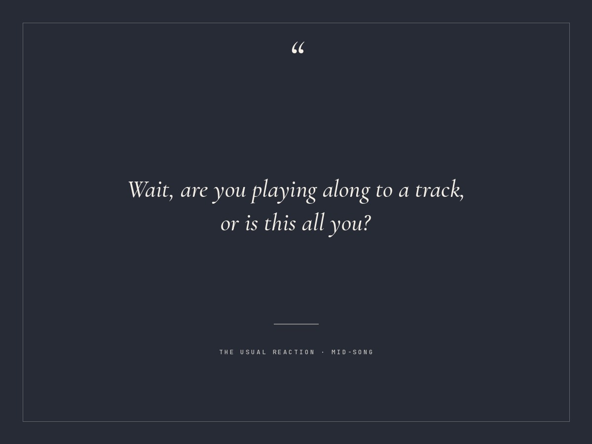 Visual text card, DGE 2.0 design system, quoting a guest: Wait, are you playing along to a track, or is this all you, the usual mid-song reaction.