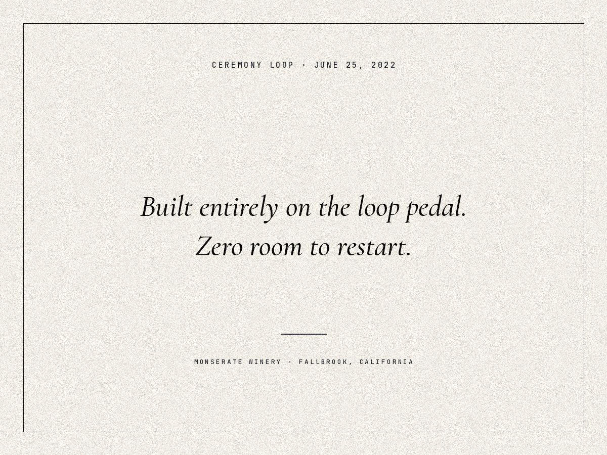 Visual text card, DGE 2.0 design system, reading Built entirely on the loop pedal, zero room to restart, Monserate Winery, Fallbrook, California.