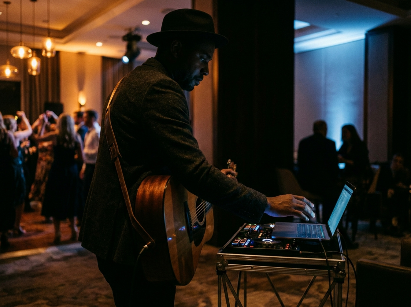 A performer with a guitar strapped on hovers a hand over a DJ controller, deciding when to switch formats.