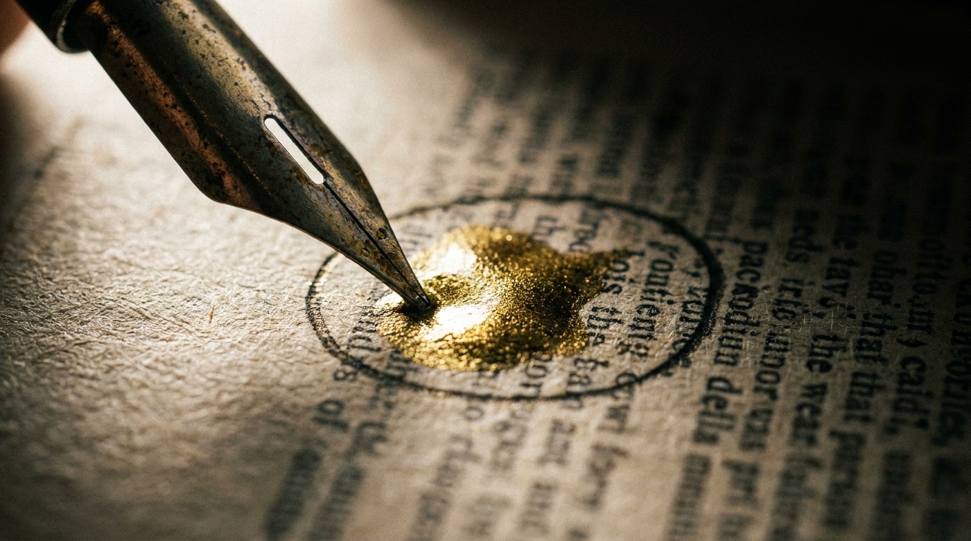 Macro photo of a fountain pen and a pool of gold ink over a circled passage on a printed page.