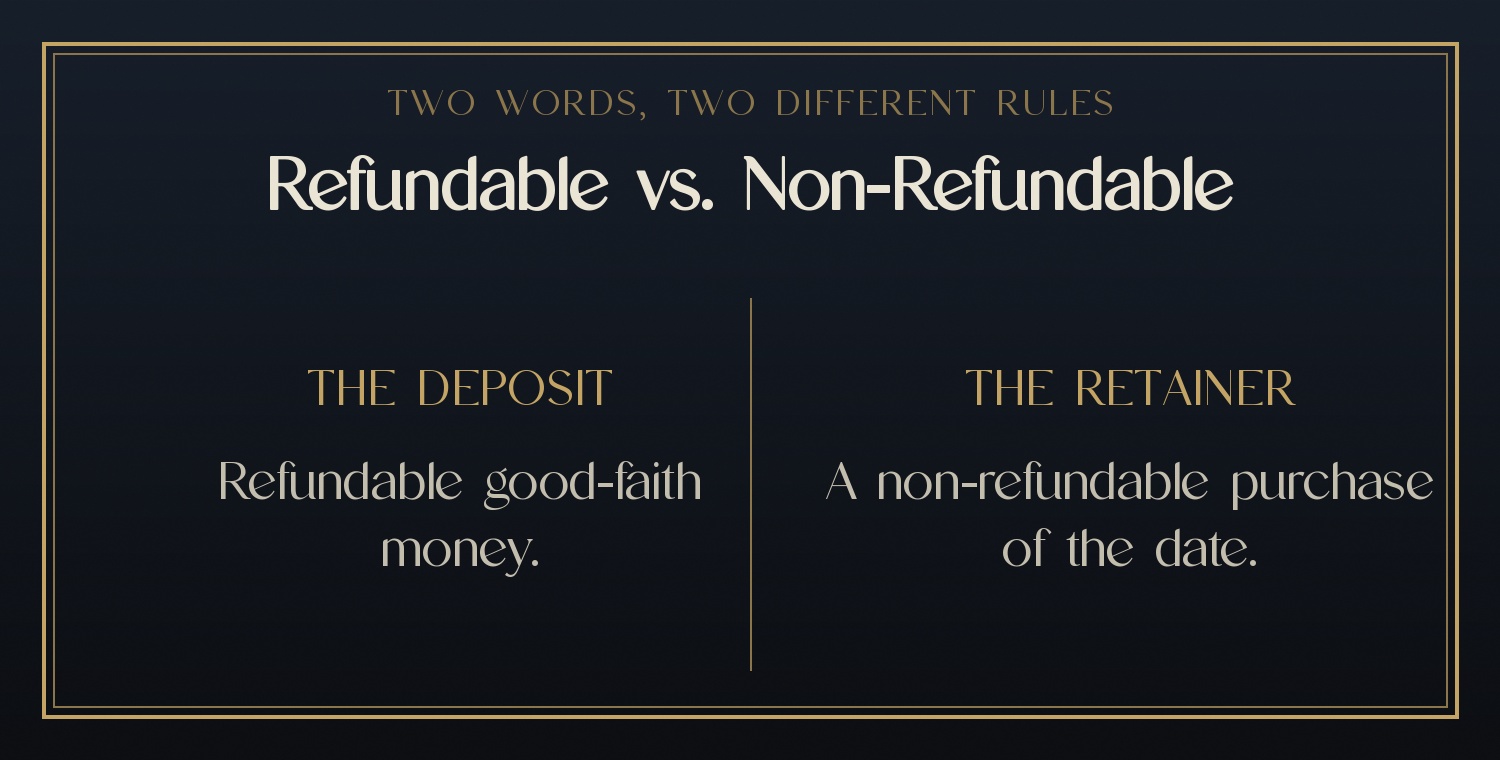Comparison card: the deposit is refundable good-faith money. The retainer is a non-refundable purchase of the date.