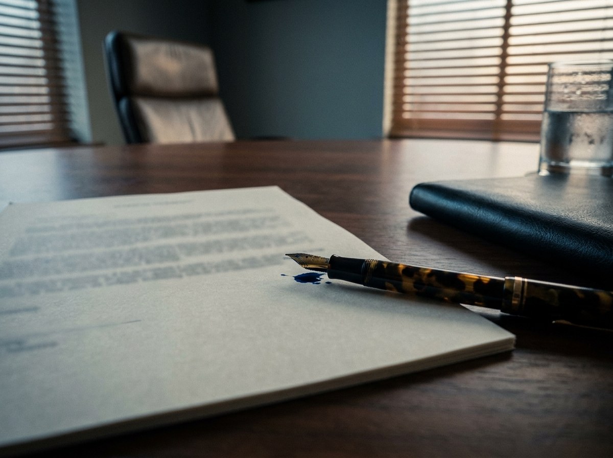 A fountain pen beside a blot of ink on an out-of-focus document, an empty chair across the table.