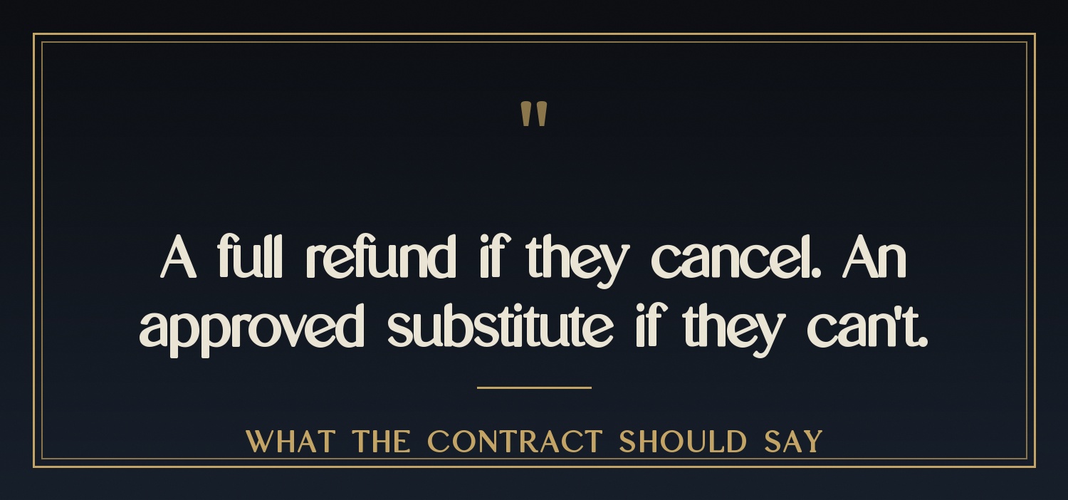 Text card: a full refund if the performer cancels, an approved substitute if they cannot.