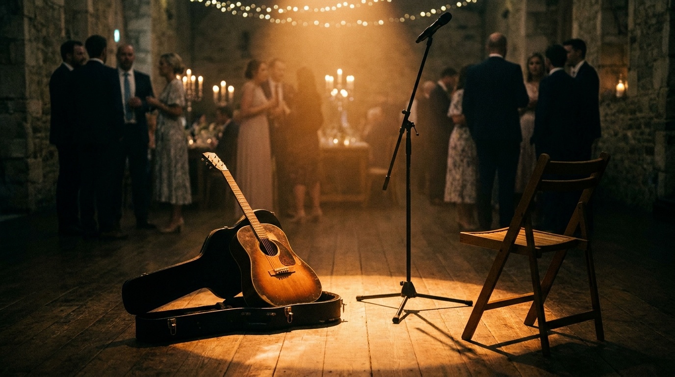 An acoustic guitar and microphone stand left empty on a wedding dance floor while guests keep talking.