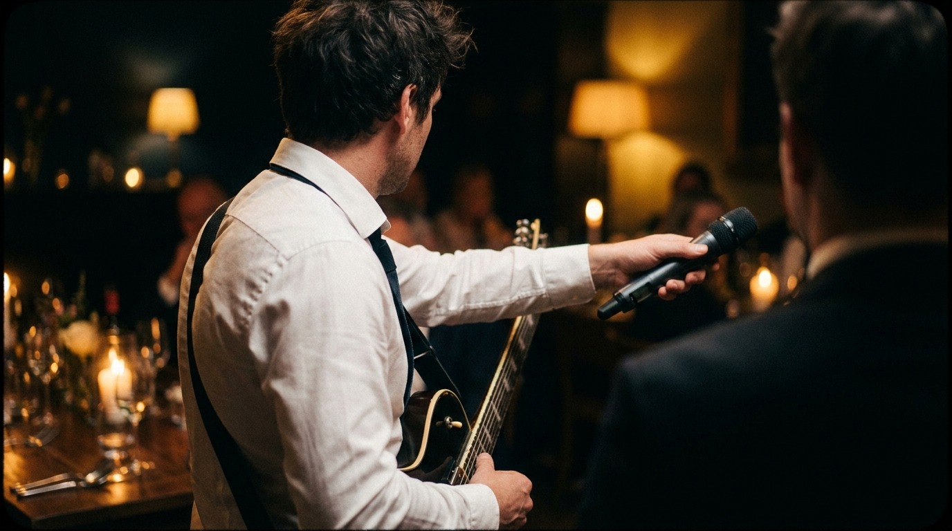 A solo guitarist at an intimate candlelit dinner, handing a wireless microphone to a guest beside the table.