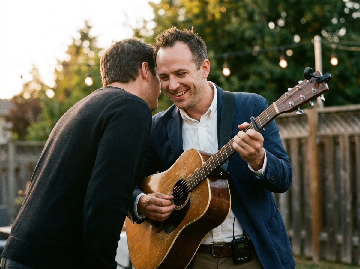 A guitarist smiles at a guest leaning in to request a song mid-performance at an outdoor evening gathering