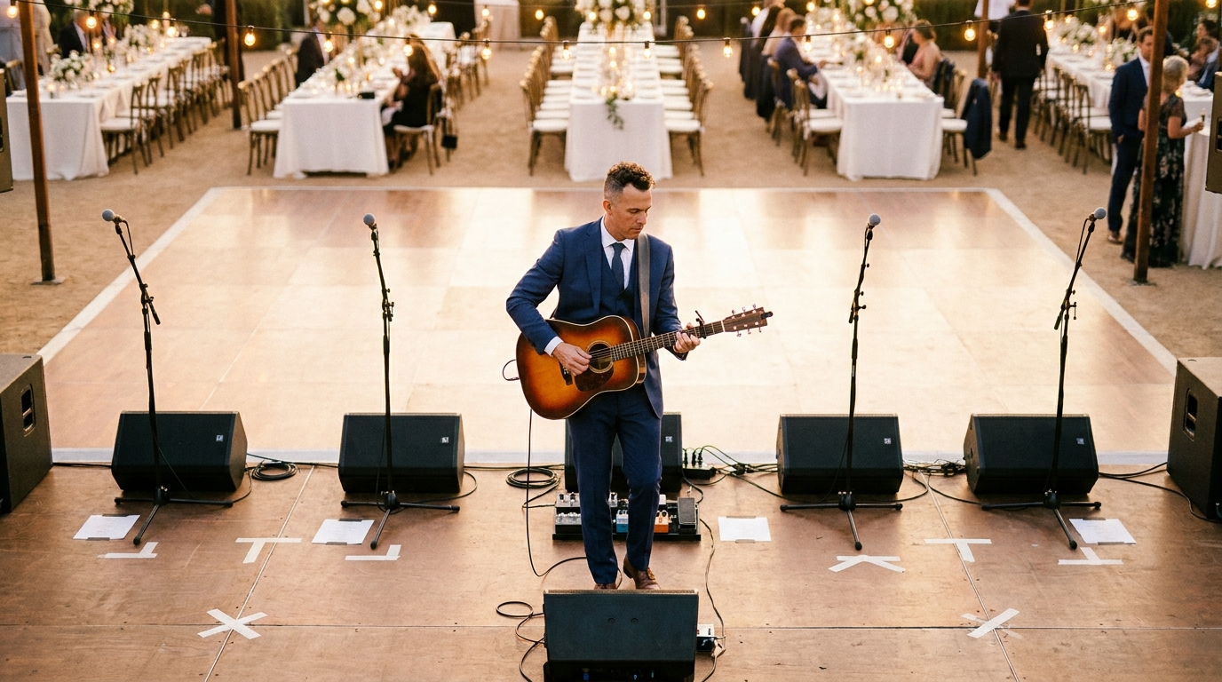 Empty positions on a stage where band members would normally stand, a visual metaphor for the gap between searching for a band and finding the right one