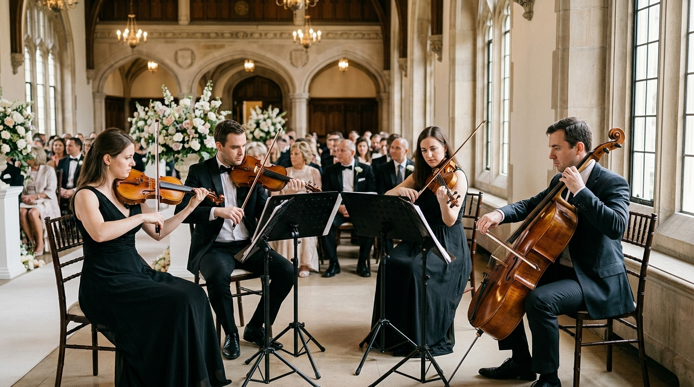 Elegant string quartet performing at a formal indoor wedding ceremony