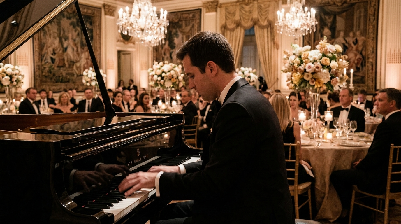 Pianist performing on a grand piano at an elegant wedding venue