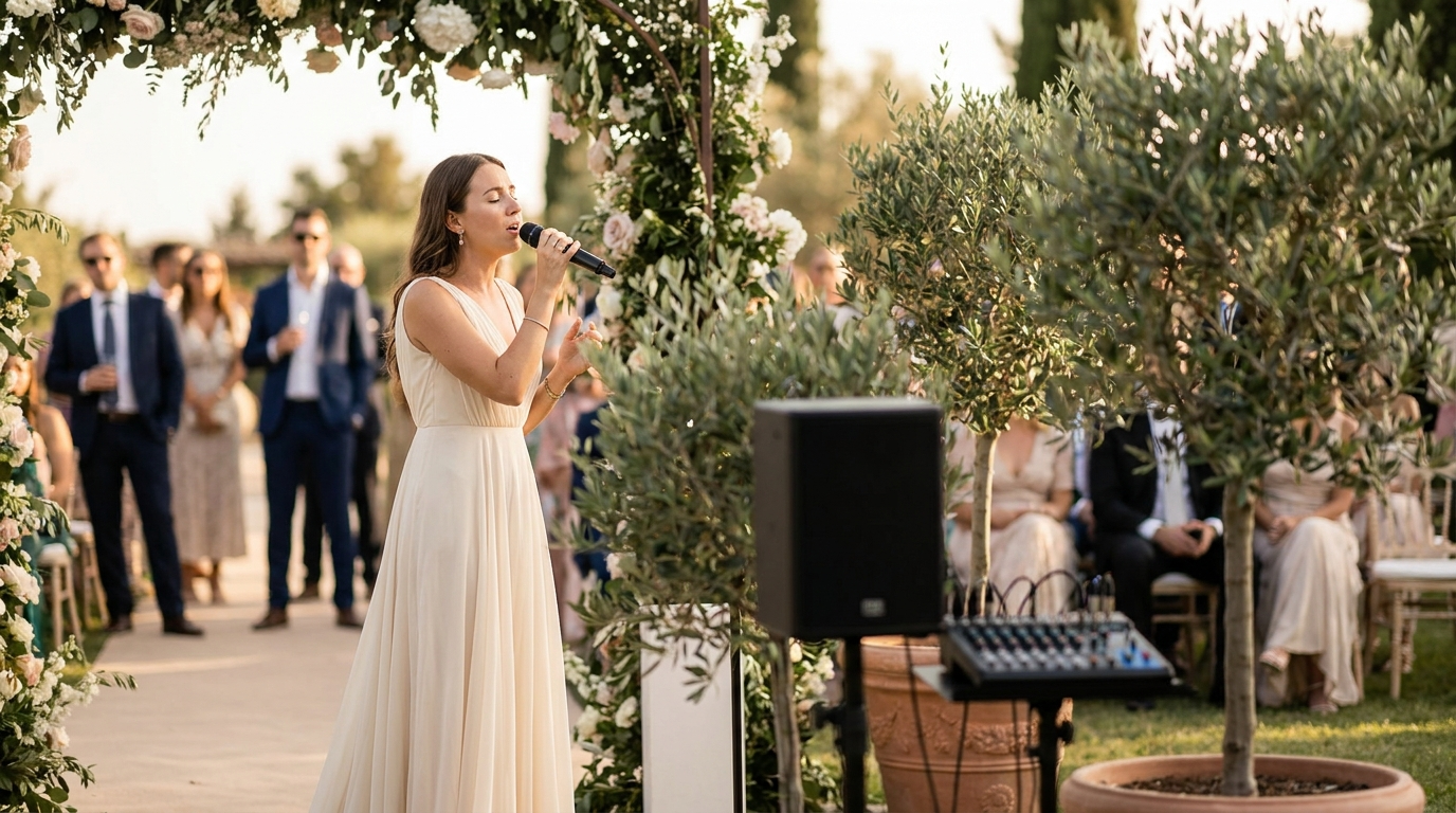 Solo vocalist singing into a wireless microphone at an outdoor wedding ceremony