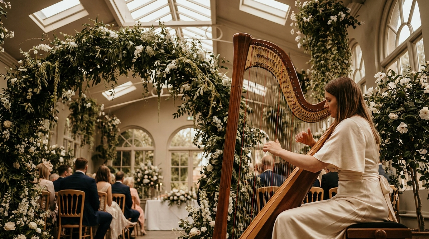 Harpist performing on a concert harp at an elegant indoor wedding ceremony