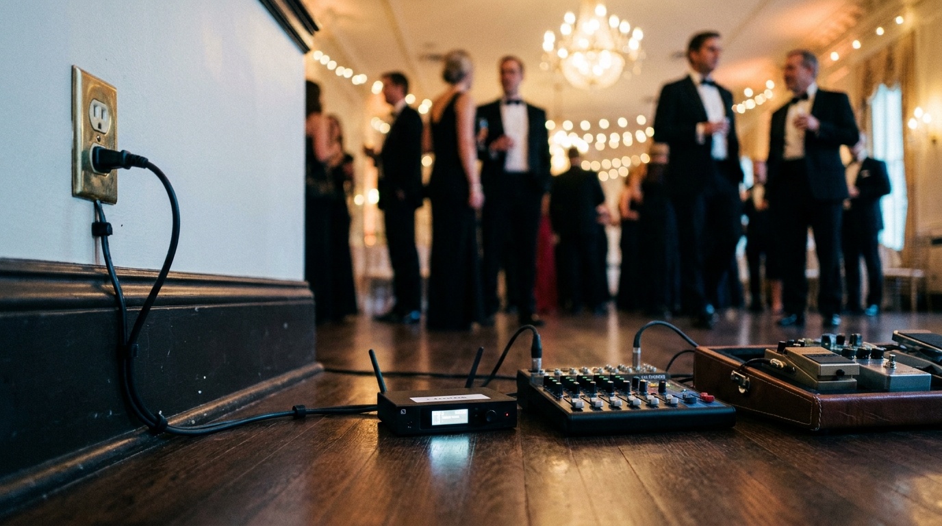 A single wall outlet powers one performer's mixer, wireless receiver and pedal board.