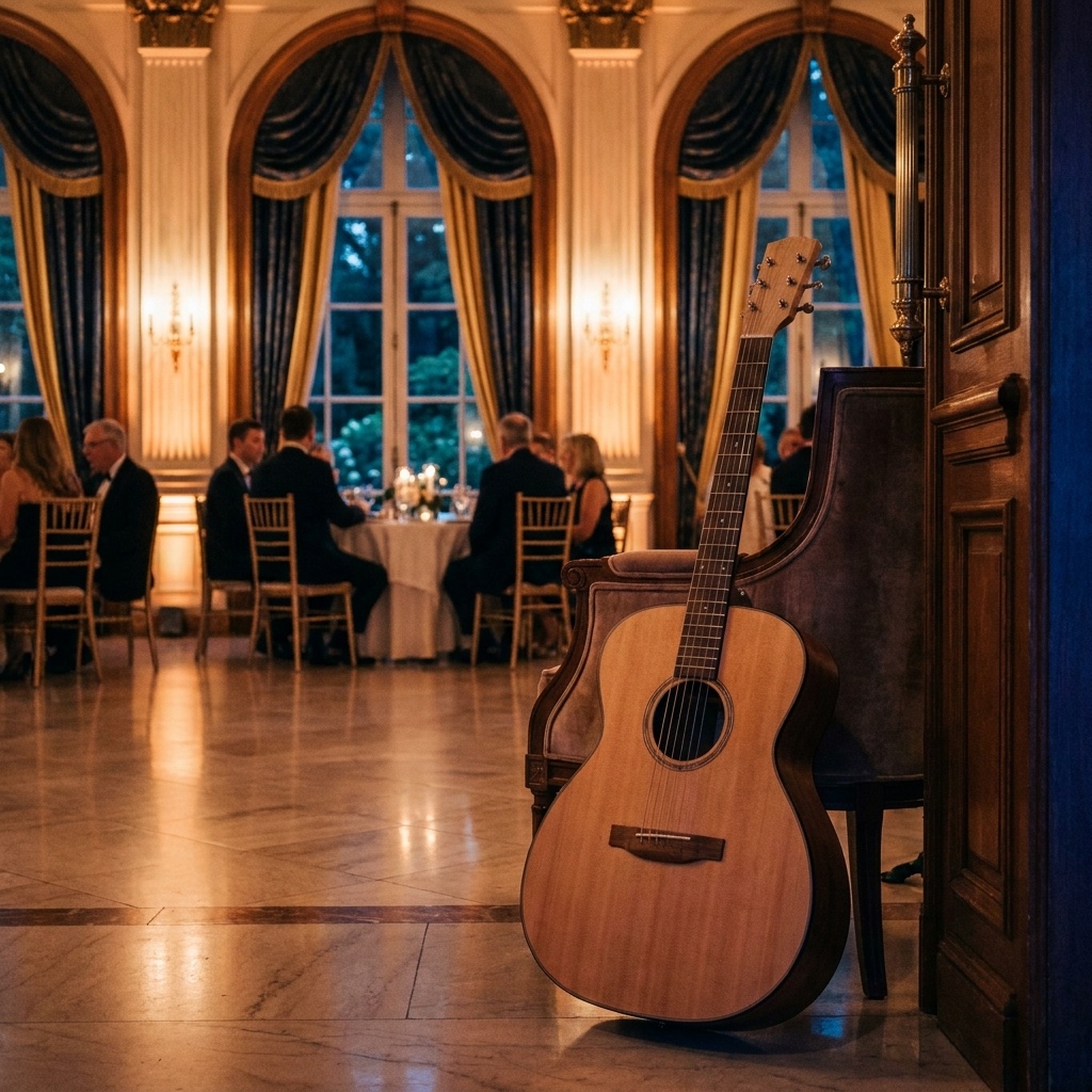 An acoustic guitar leans unplugged in an elegant indoor resort event room, no amplification equipment in view.