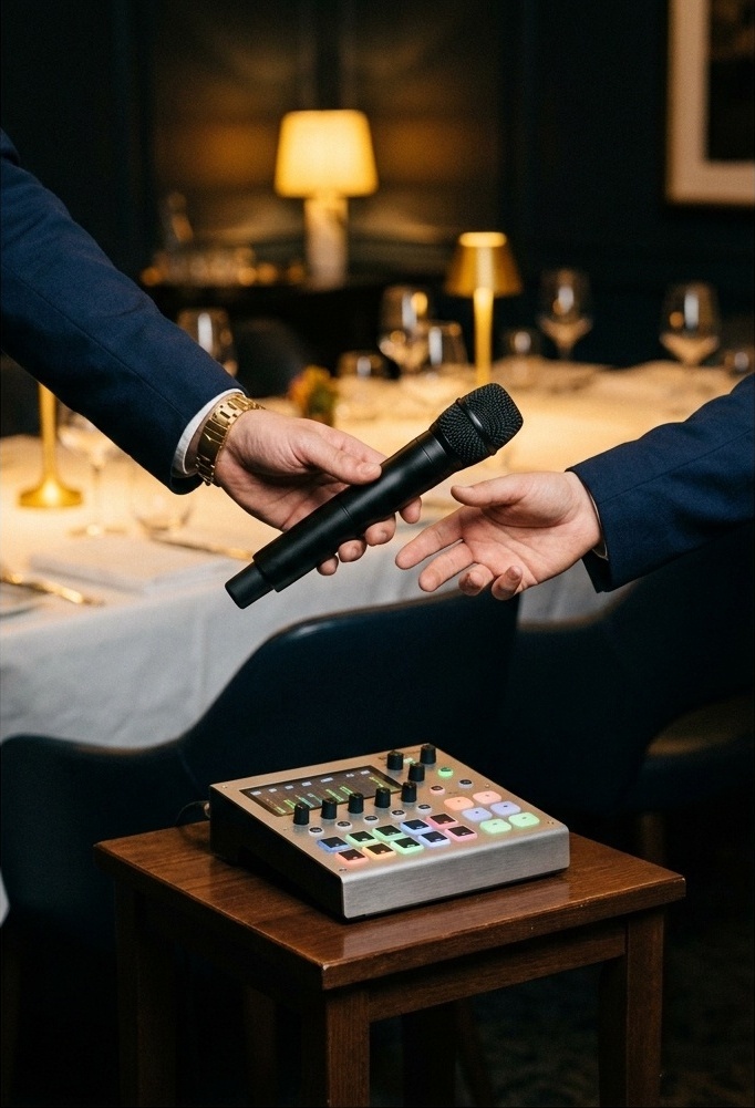 A hand passes a wireless handheld microphone to another hand beside a small mixer at a restaurant event.