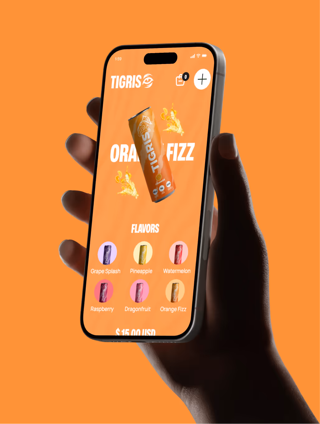 Orange beverage mobile interface designed by Silv Studio highlighting bold product branding and Webflow ecommerce UI.
