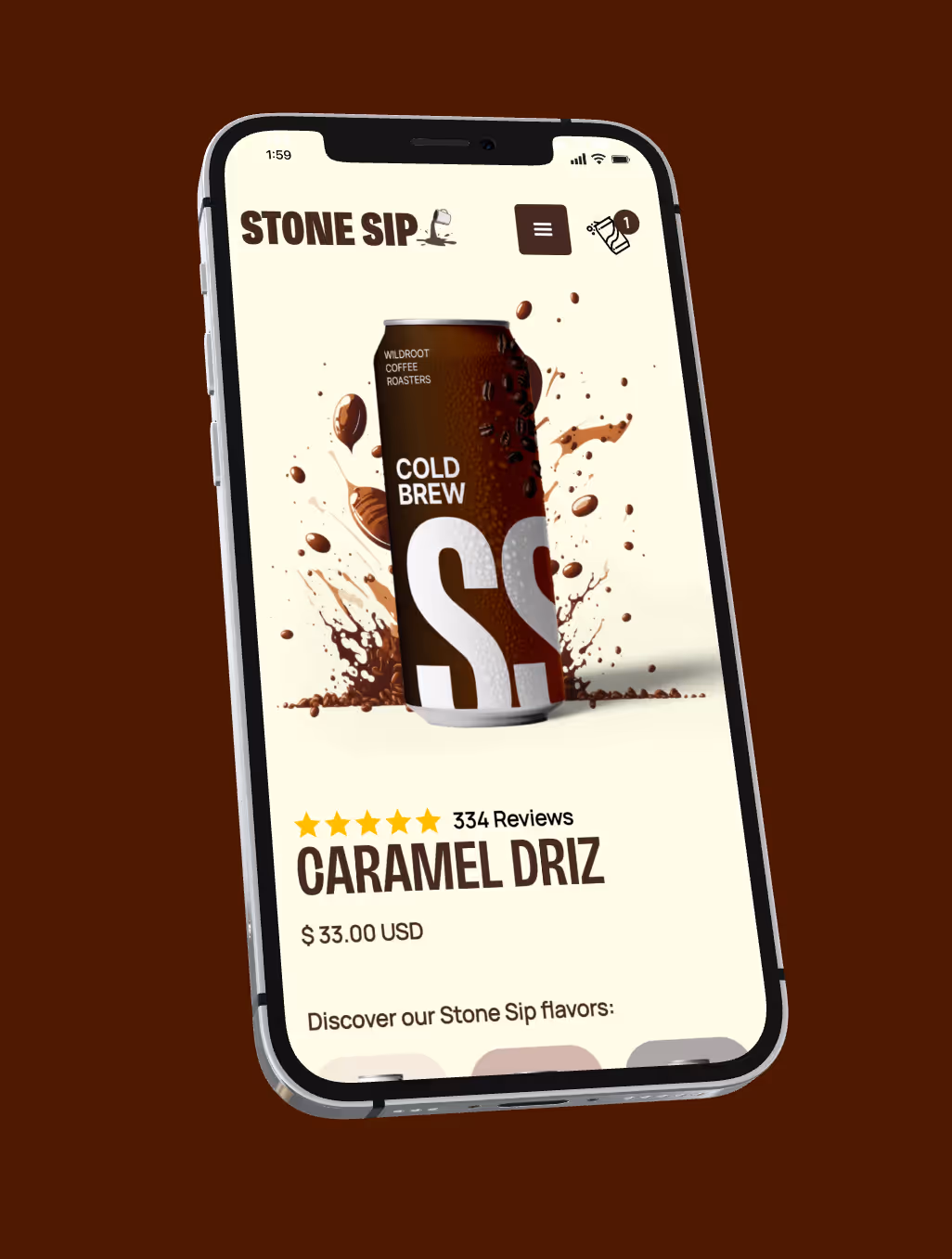 Coffee drink mobile UI preview showcasing product branding and Webflow ecommerce design by Silv Studio.
