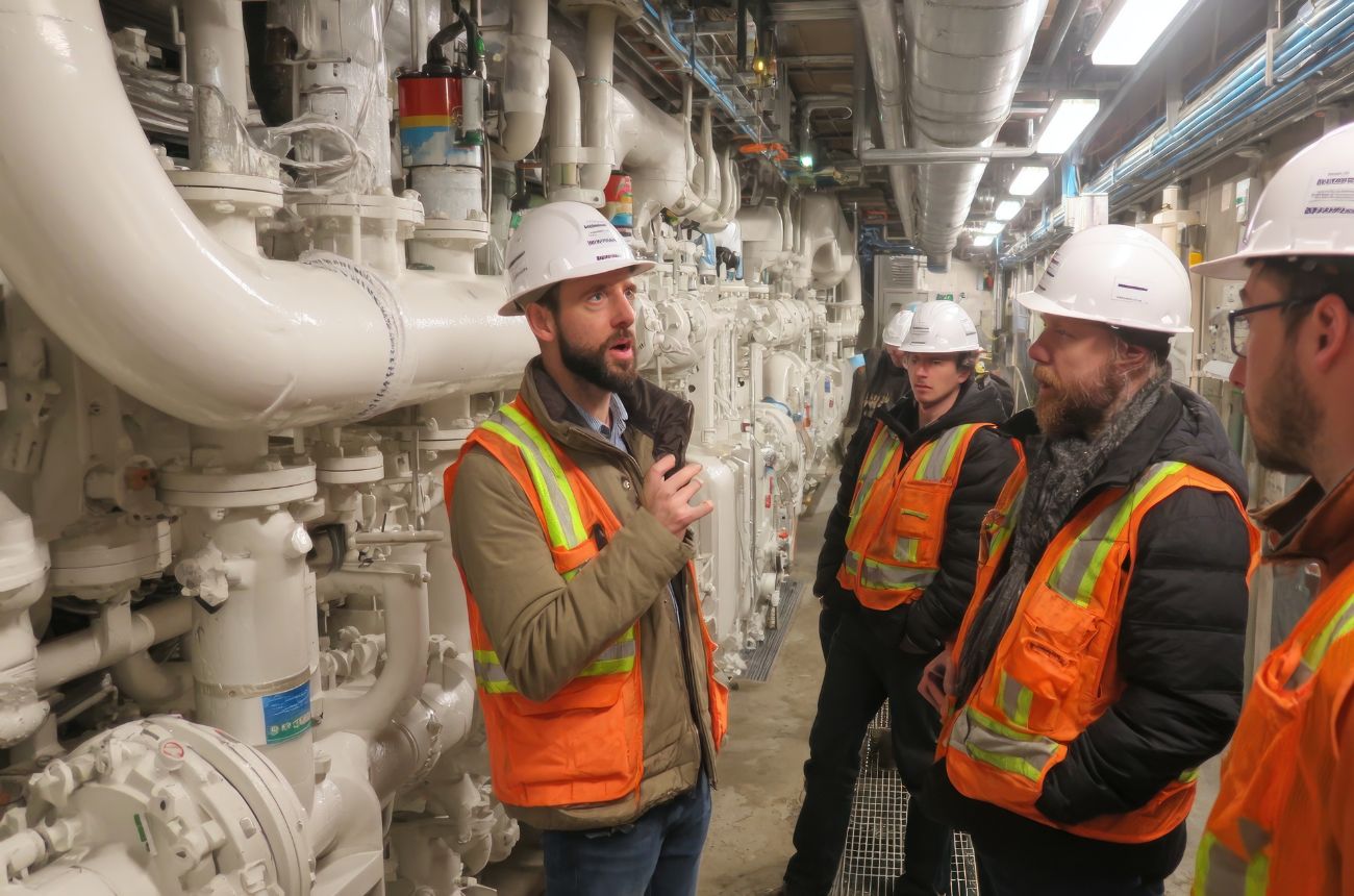 Un grupo de trabajadores industriales, en una empresa con muchas tuberías