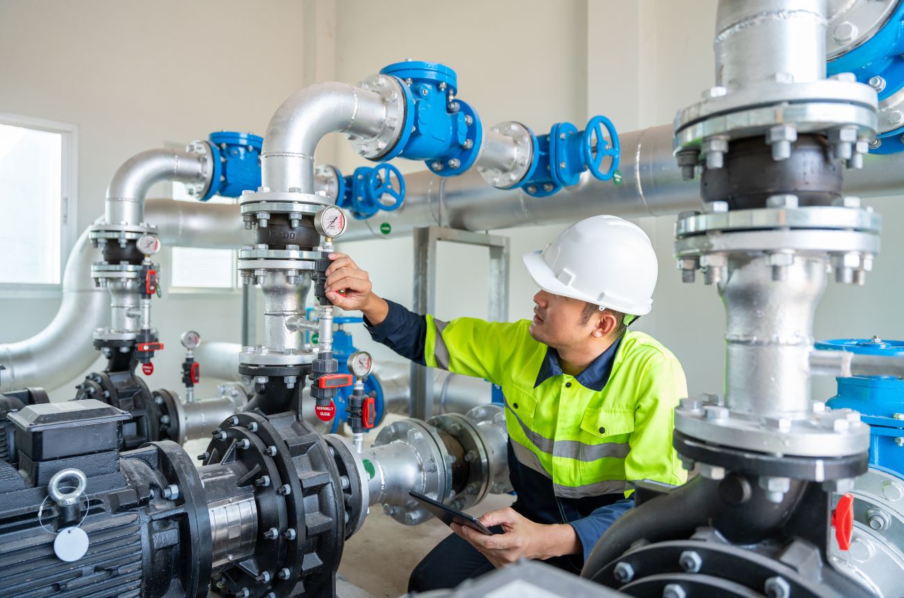 Un trabajador analizando cómo ahorrar agua, mientras observa tuberías en una empresa que utiliza mucha agua de uso industrial