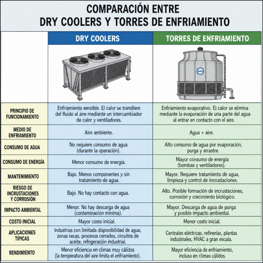 Infografía que muestra las diferencias entre los dry coolers y las torres de enfriamiento 