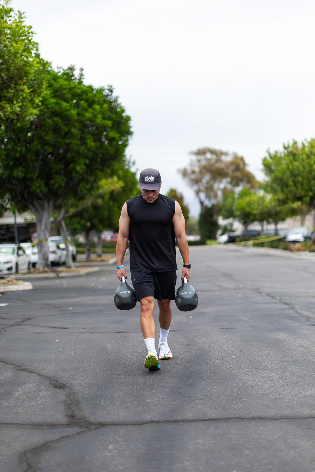Farmers carry outside the gym