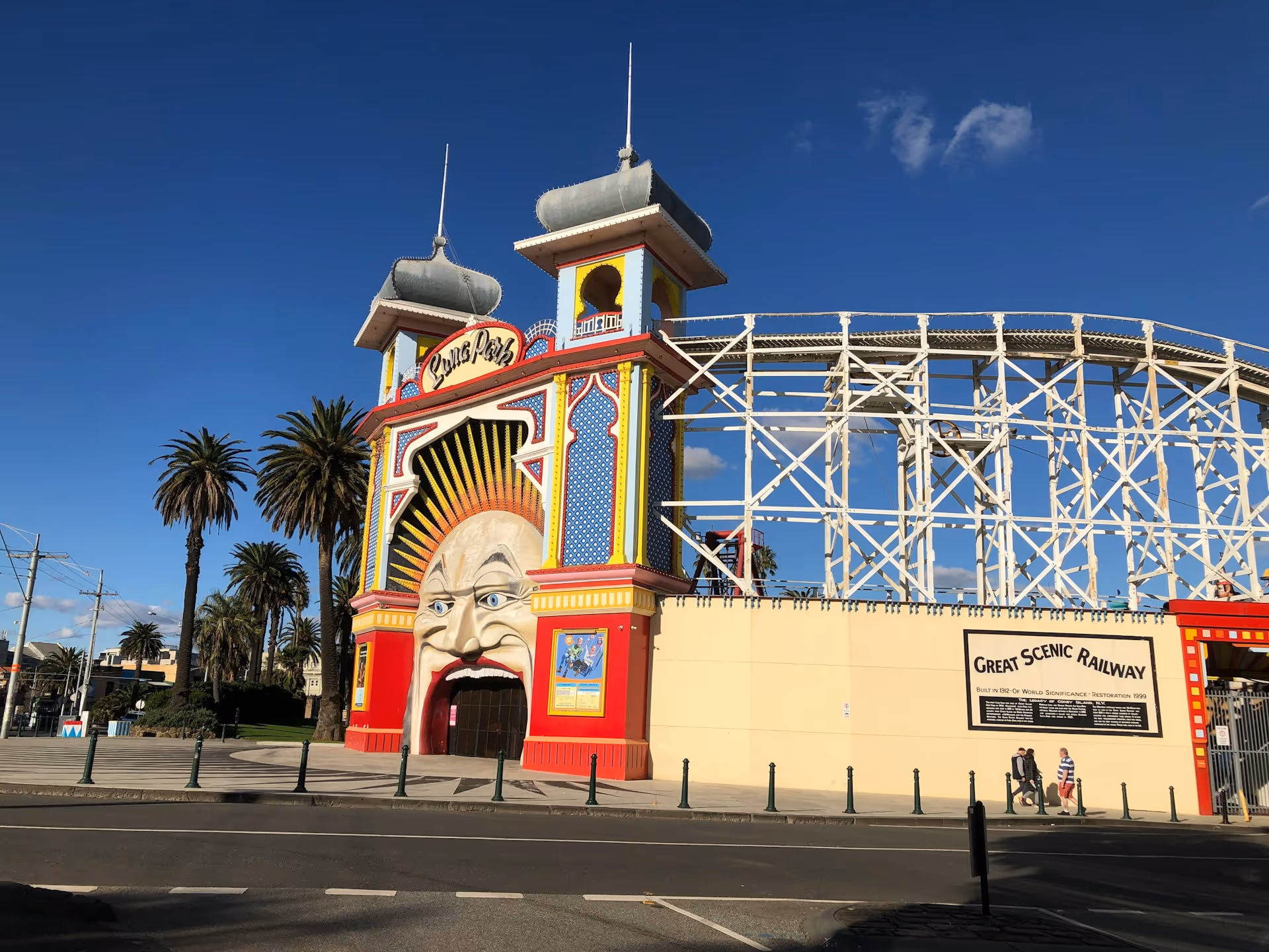 Iconic entrance of Luna Park with the Great Scenic Railway rollercoaster in St Kilda, Melbourne, Victoria.