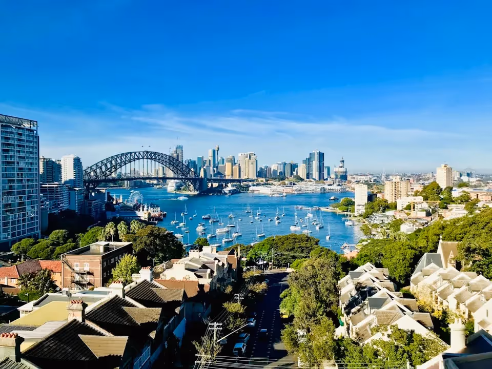 A scenic view of Sydney Harbour, featuring the Harbour Bridge, city skyline, and numerous boats anchored in the water, all under a clear blue sky.