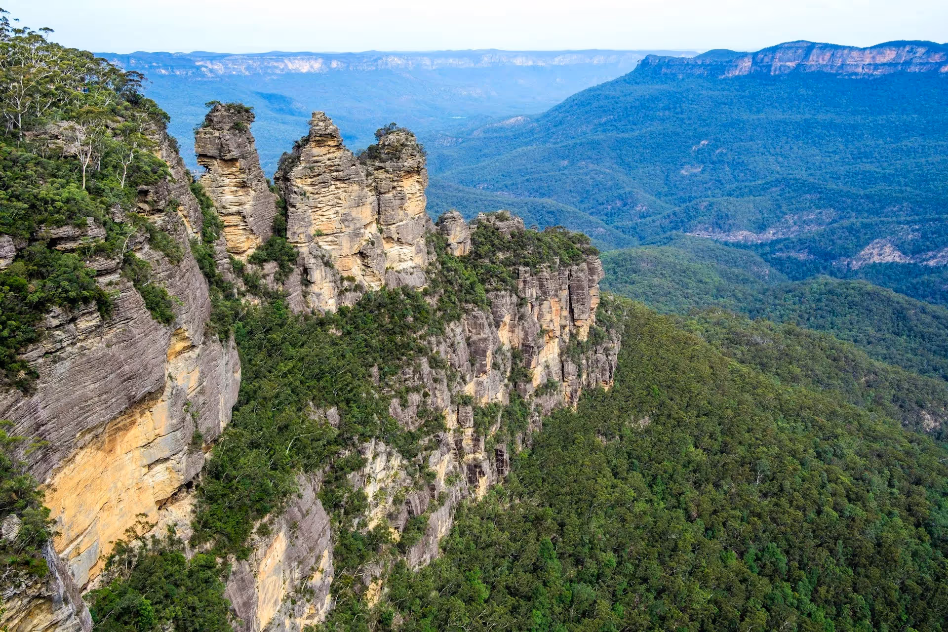 The Three Sisters rock formation in the Blue Mountains, surrounded by dense bush and distant mountains.