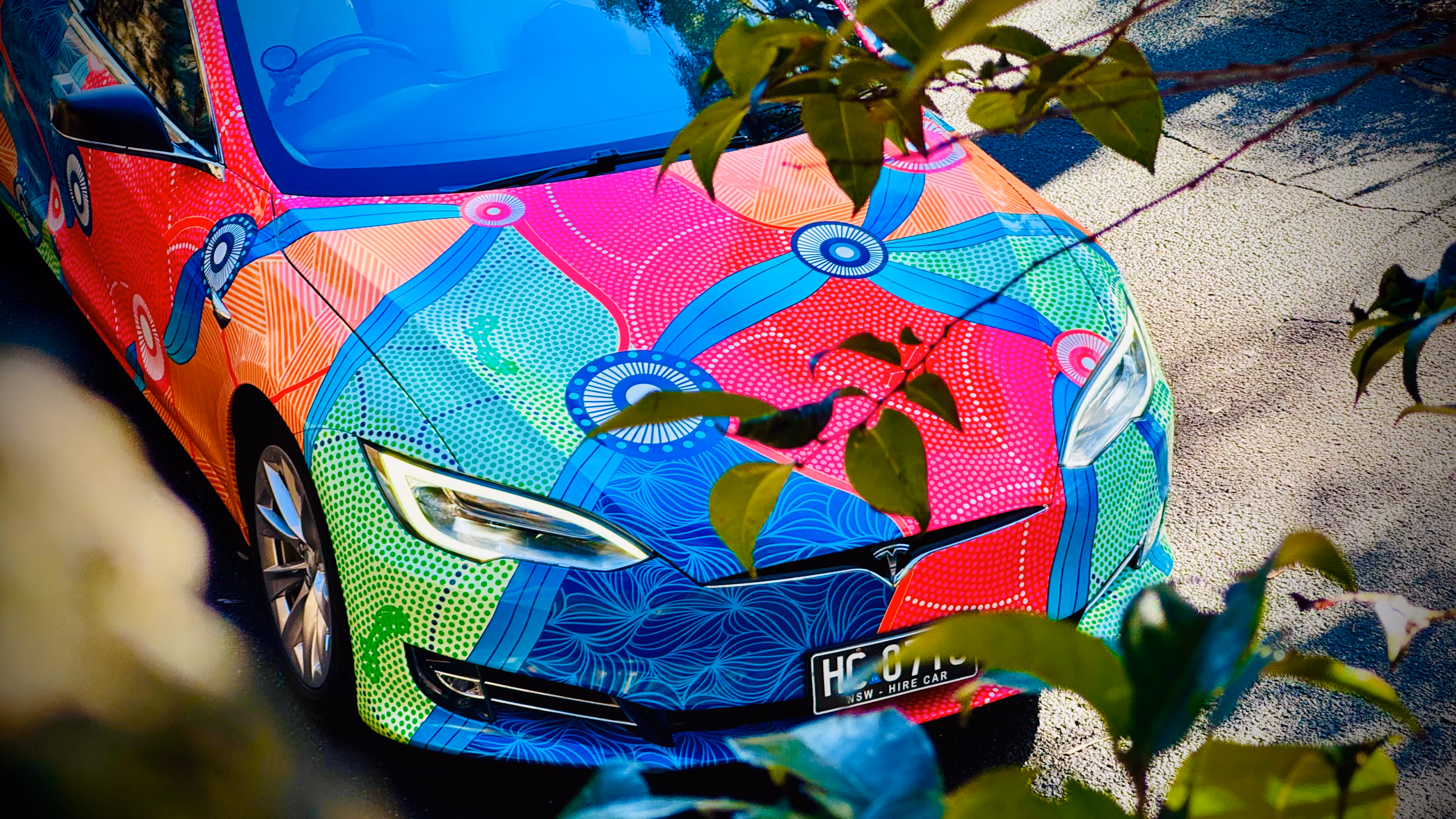 Close-up of "Art Car" with greenery.