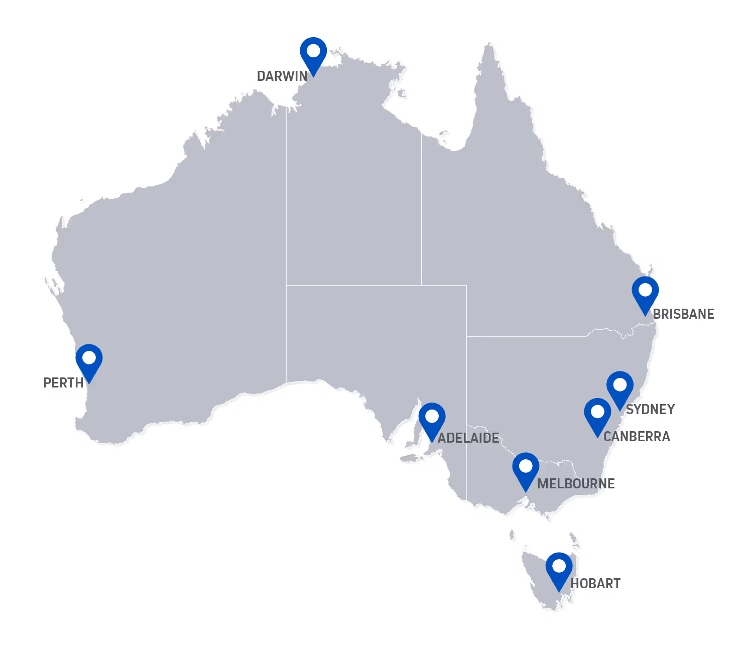 Map of Australia with drop pins in major capital cities