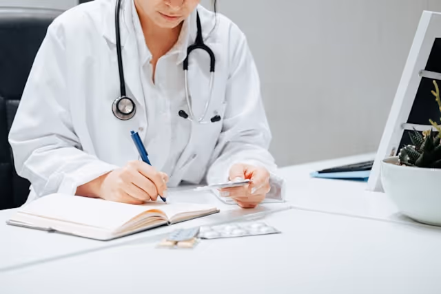 A doctor in a white coat, sitting at a desk, writing notes in a notebook while holding a blister pack of medication.