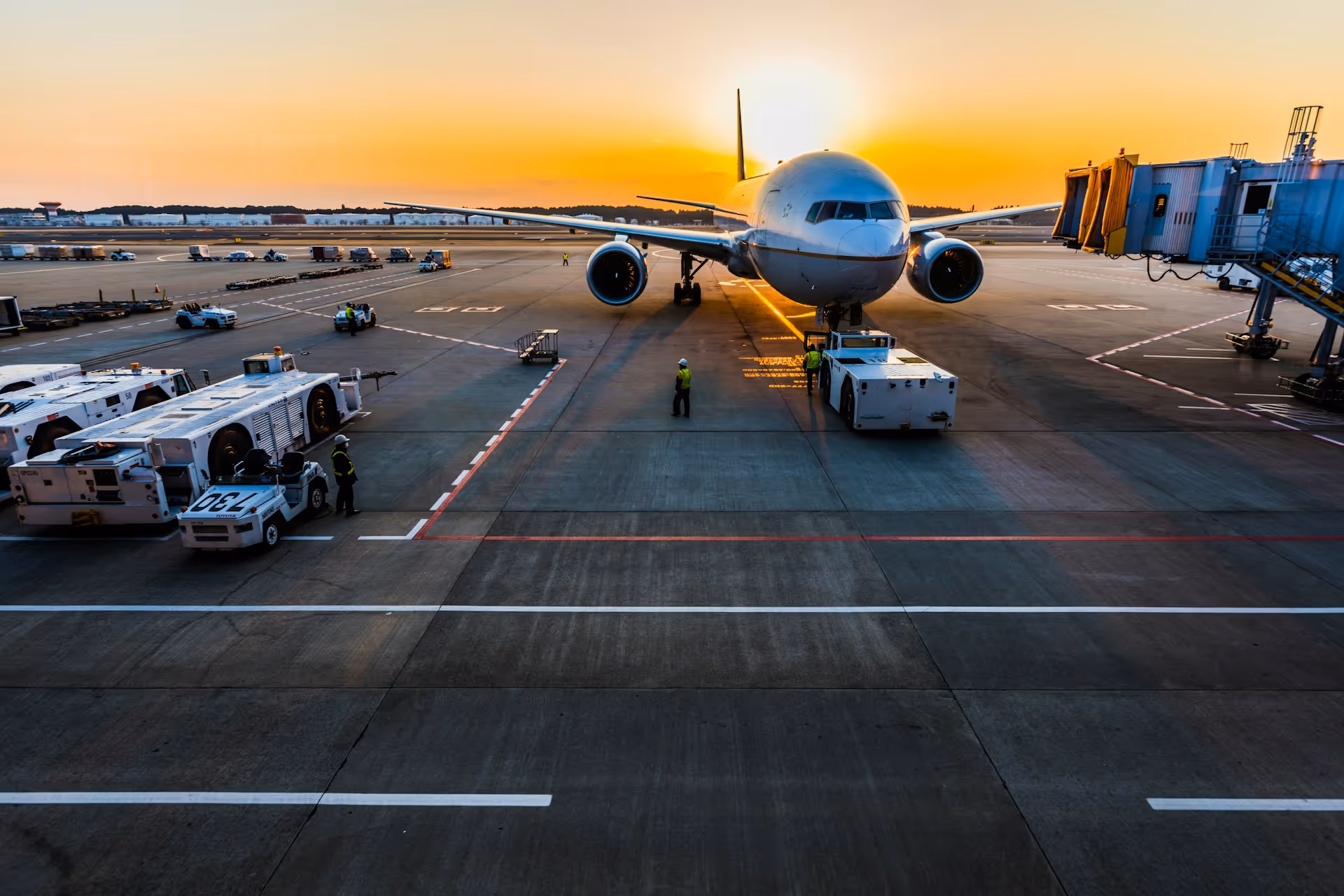 Aircraft parked at an airport gate at sunset, with ground crew and support vehicles preparing for departure.