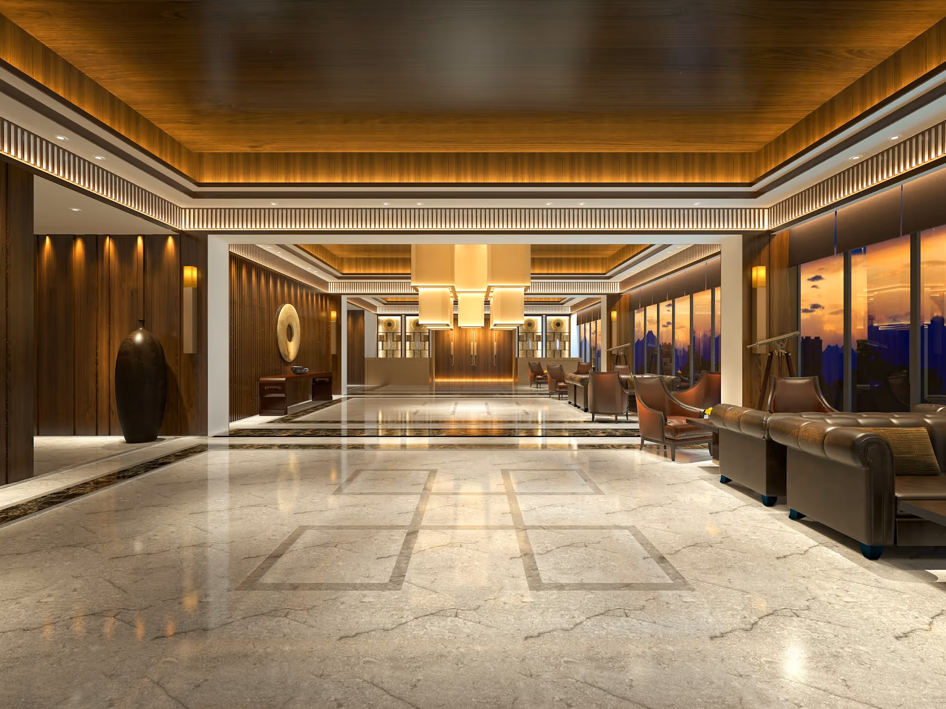 A luxury hotel lobby with warm lighting, marble flooring, stylish leather seating, and wooden accents.