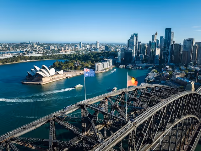 Aerial view of the Sydney Opera House, Harbour Bridge, and city skyline on a clear day, capturing the iconic landmarks featured in Sydney HeliTours experiences.