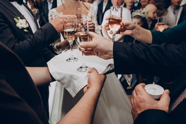 Guests raising glasses of champagne at a formal gala, dressed in evening wear