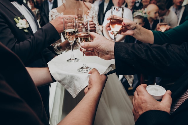 Guests raising glasses of champagne at a formal gala, dressed in evening wear