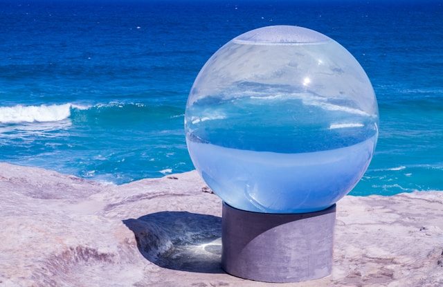 Sculpture installations overlooking the ocean along the Bondi to Tamarama coastal walk during Sydney’s annual Sculpture by the Sea exhibition.