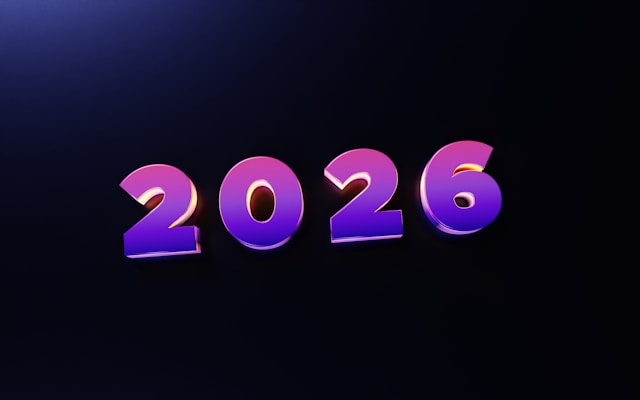 Purple and pink 3D numbers reading "2026" set against a dark background.