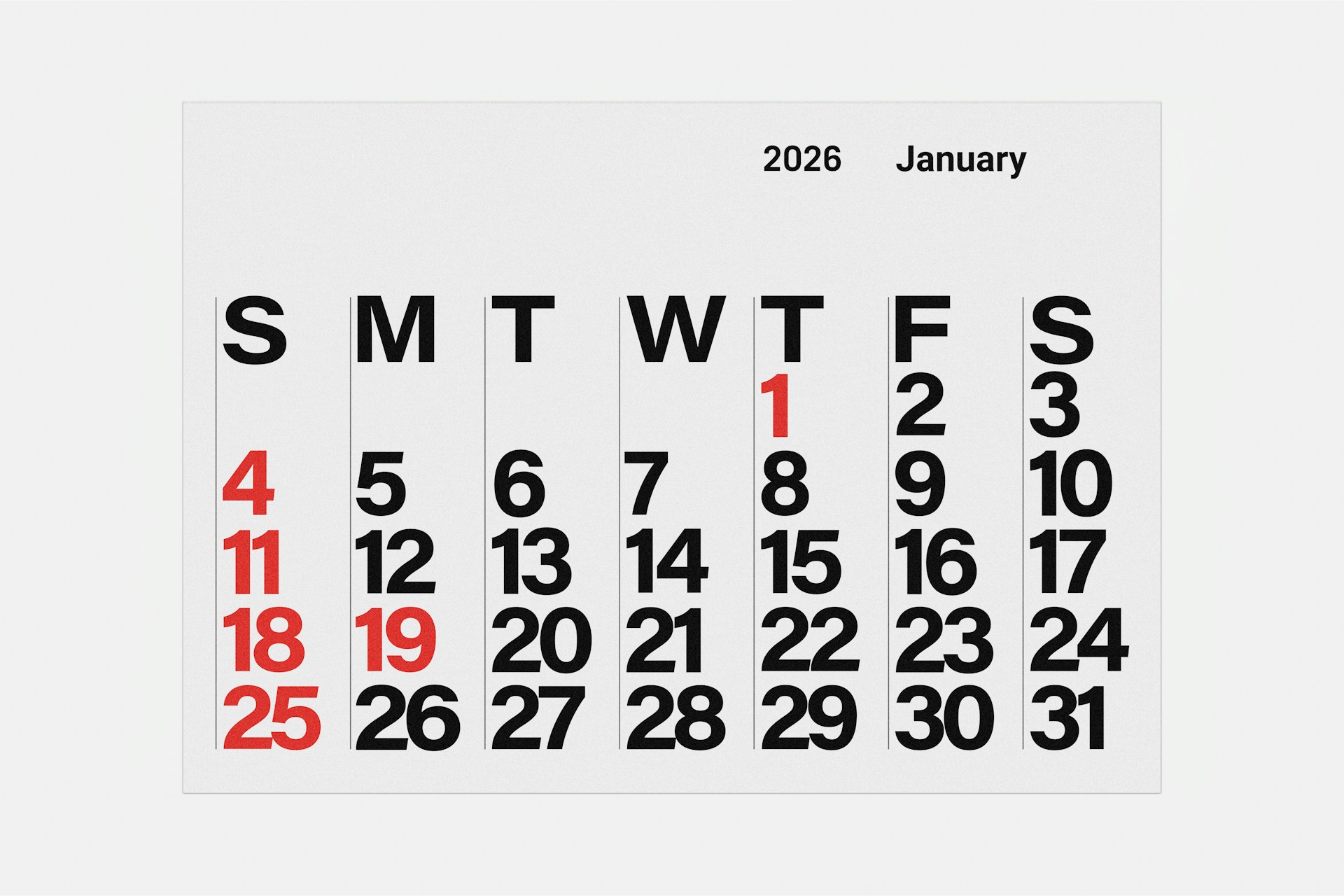 January 2026 calendar highlighting the return to work period after the holidays.