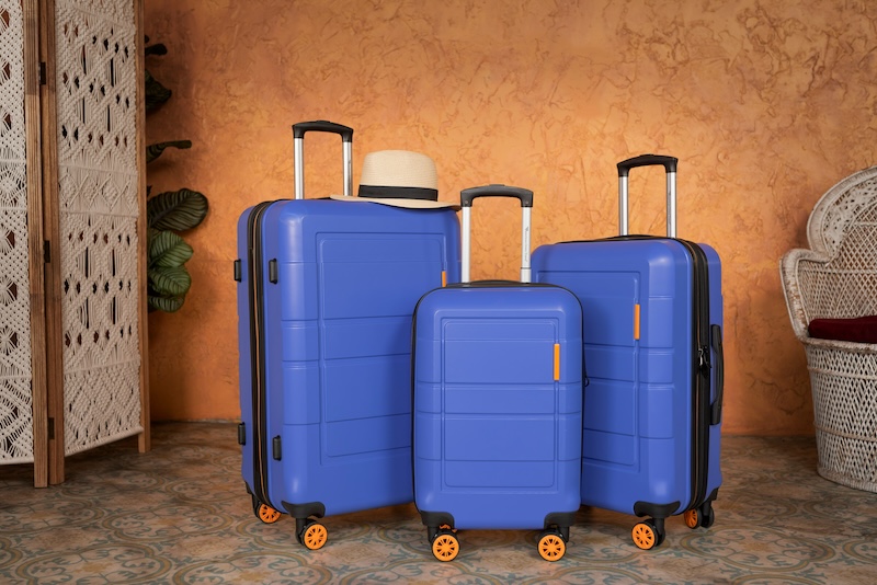 Travelling luggage set with three blue hard-shell suitcases and a sun hat.