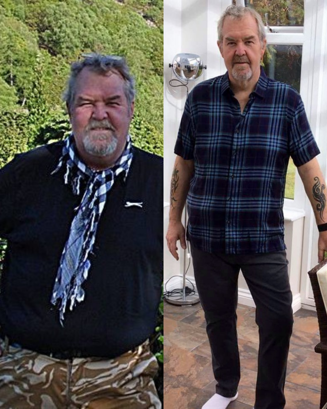 Side-by-side images showing a man with gray hair and a beard; on the left he wears a black shirt with a scarf and camouflage pants outdoors, on the right he wears a blue plaid shirt and dark pants indoors.