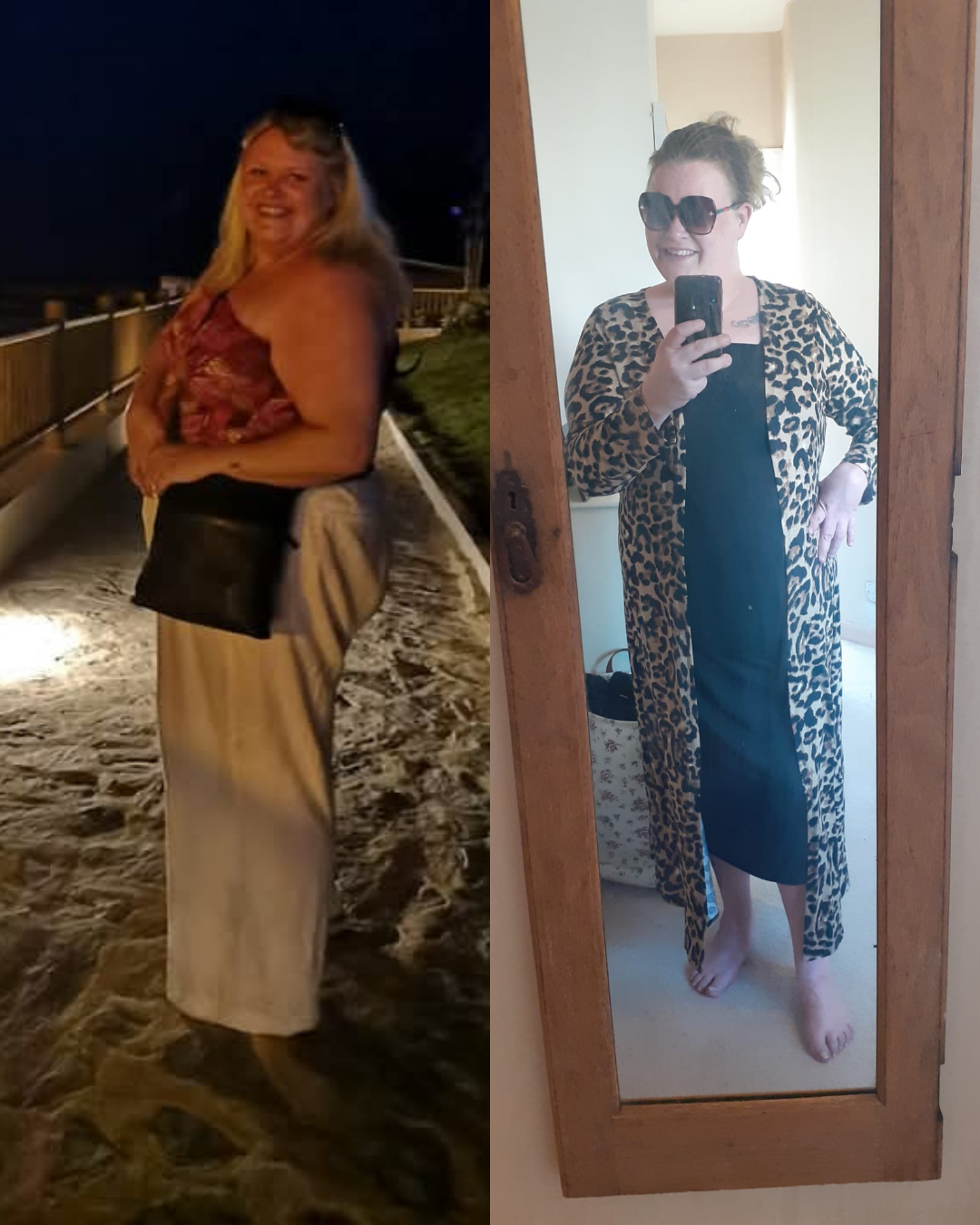 Side-by-side photos of a smiling woman; left photo shows her outdoors at night in a sleeveless top and long skirt, right photo is a mirror selfie indoors wearing sunglasses, a black dress, and a long leopard-print cardigan.