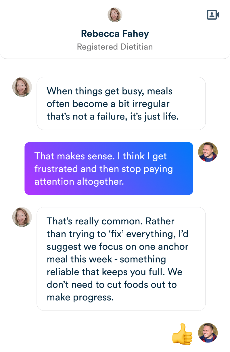 Chat between registered dietitian Rebecca Fahey and a client discussing meal irregularities, frustration, and focusing on one reliable anchor meal per week with a thumbs-up emoji reaction.