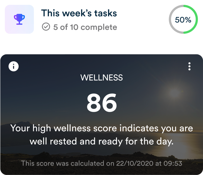 Task progress card showing 5 of 10 tasks complete with a 50% progress circle, above a wellness card displaying a score of 86 with a sunset background and message about being well rested and ready.