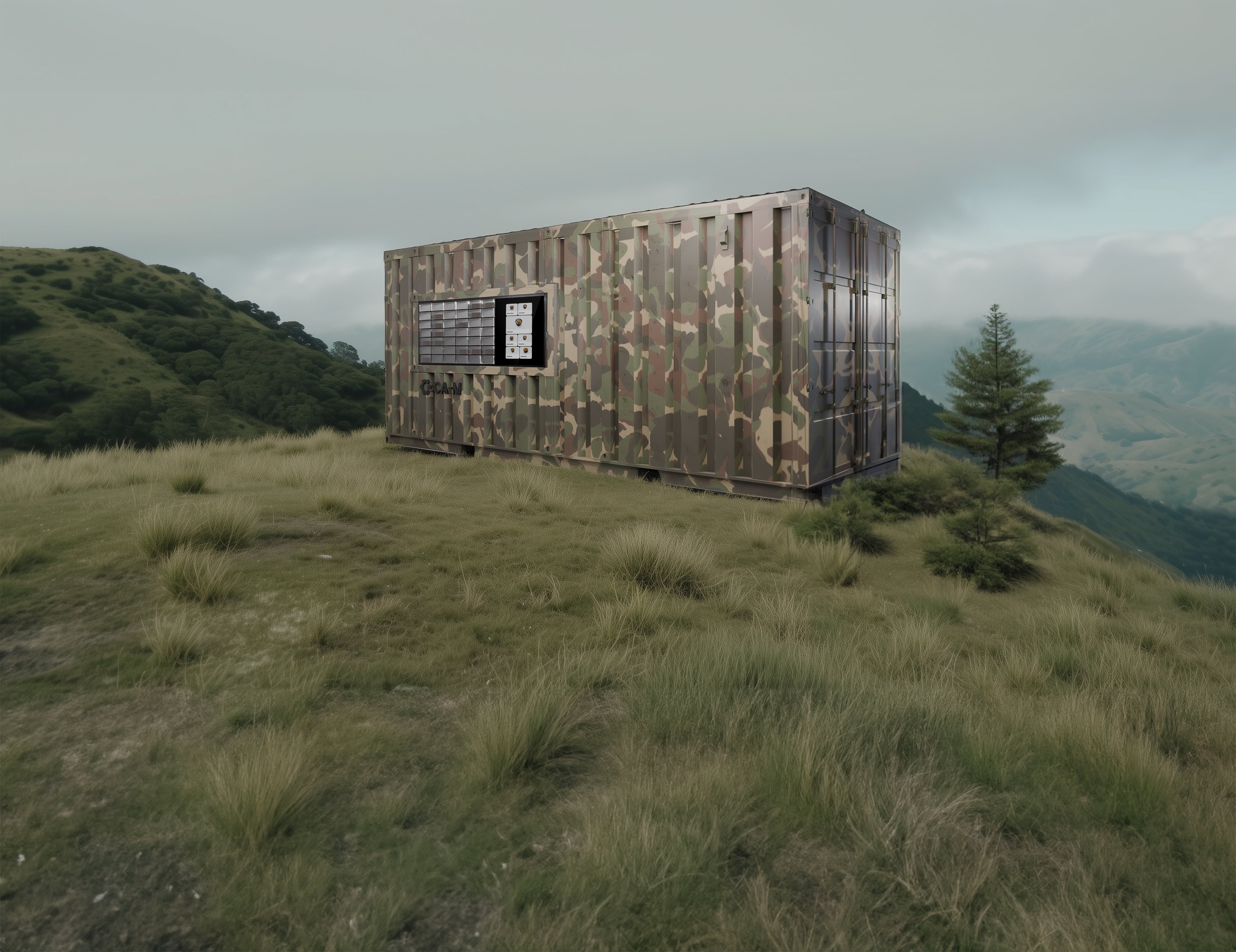 CA-M modular container kitchen with camouflage finish deployed in a remote mountain landscape, designed for rugged off-grid or field operations.