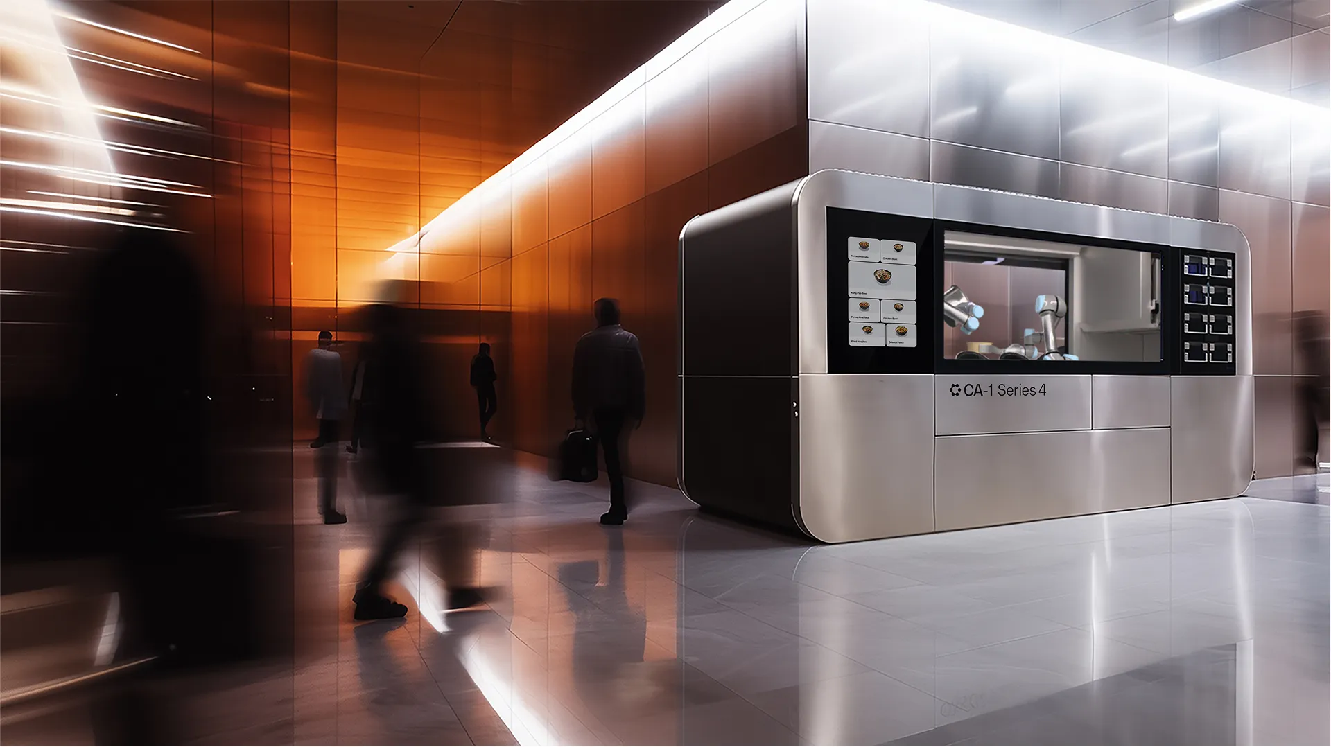 A CA-1 Series 4 robotic food unit in a sleek, modern hallway with people walking past and a digital interface displaying menu options.