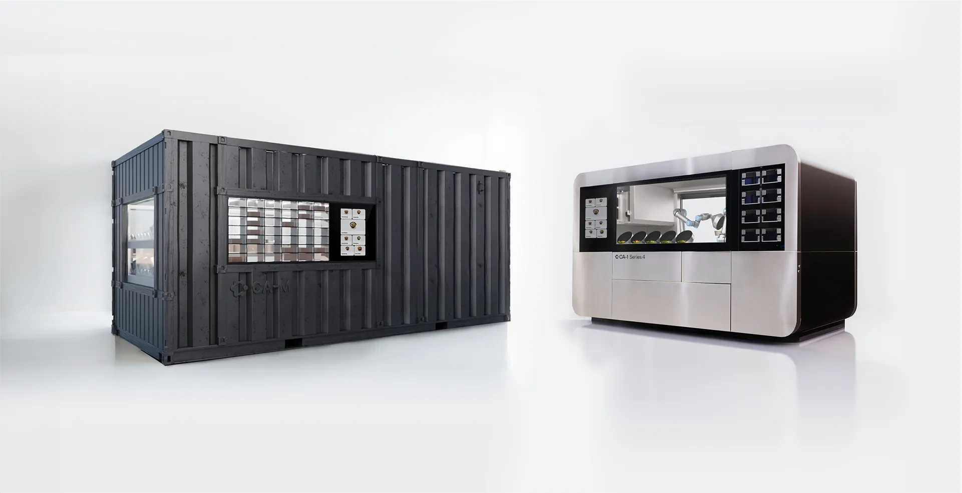 Side-by-side view of Circus Automation's CA-M container kitchen and CA-1 Series 4 robotic cooking unit, showcasing the modular and advanced AI-driven food automation systems.