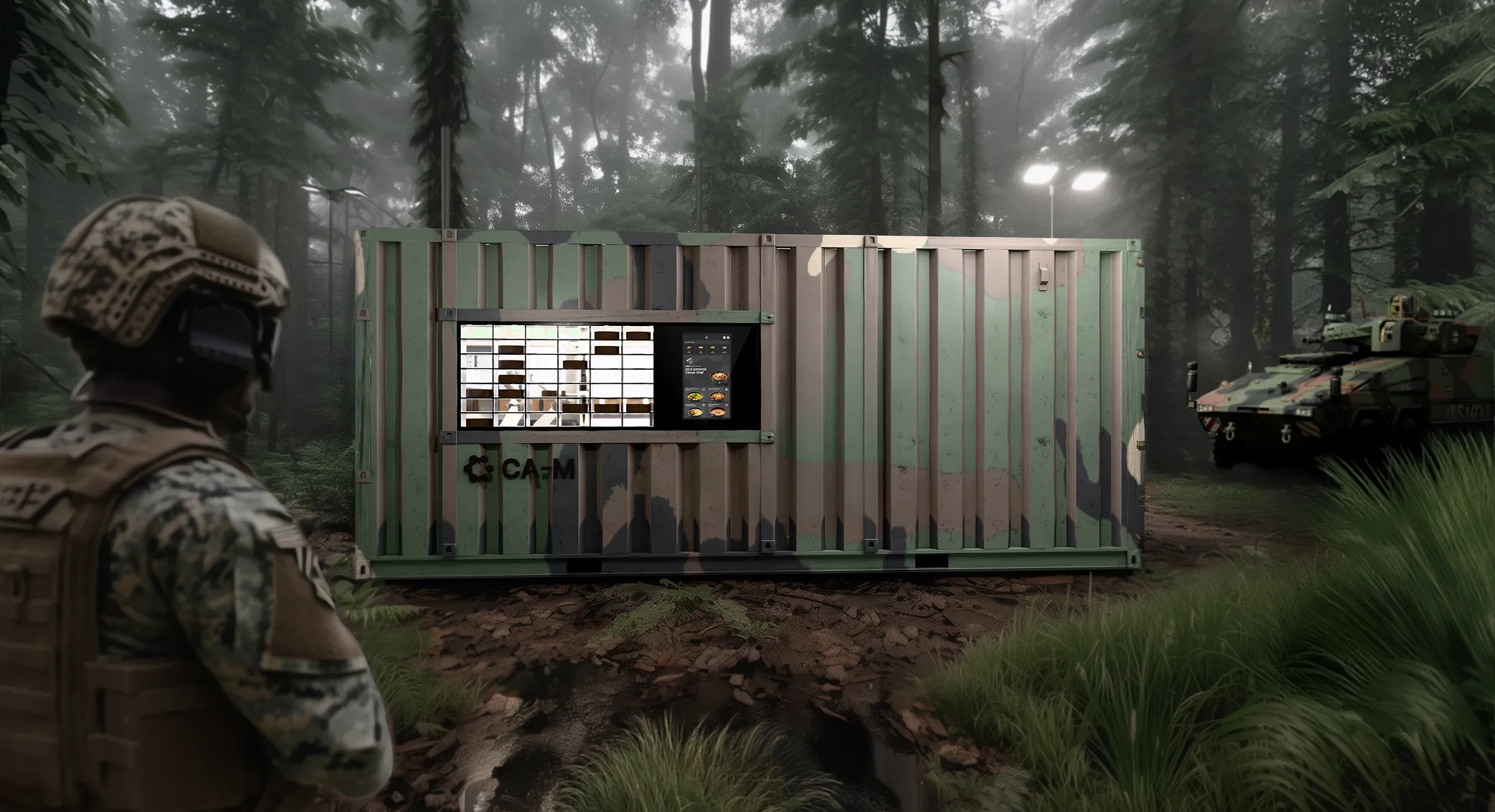 CA-M containerized robotic kitchen by Circus Group deployed in outdoor field environment for autonomous food service. German Camouflage pattern.