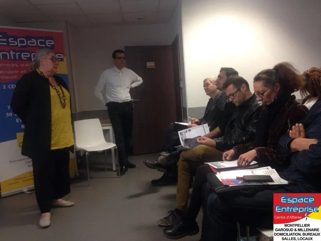 Réunion de présentation Espace Entreprise mars 2016 à Montpellier : intervenante présentant devant le public assis avec documents