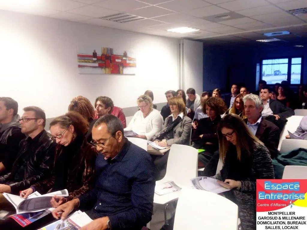 Réunion de présentation Espace Entreprise mars 2016 à Montpellier : participants assis avec documents pendant la réunion de présentation